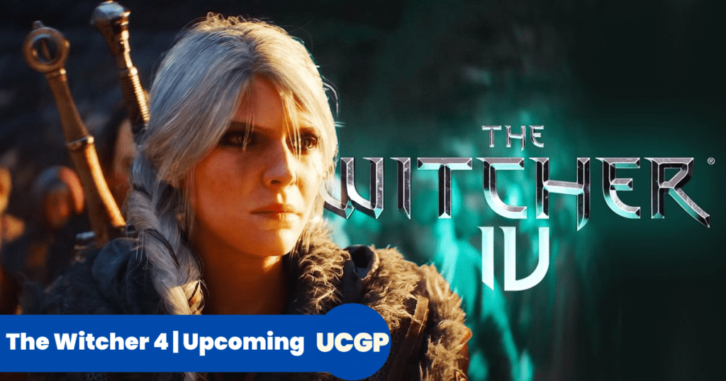 Editorial feature banner presenting the game logo for "The Witcher 4" in metallic silver lettering against a dark, stormy night backdrop with stylized lightning strikes illuminating the frame, set alongside the Game Launch Hub branding and "Witcher 4: Everything We Know" headline text.