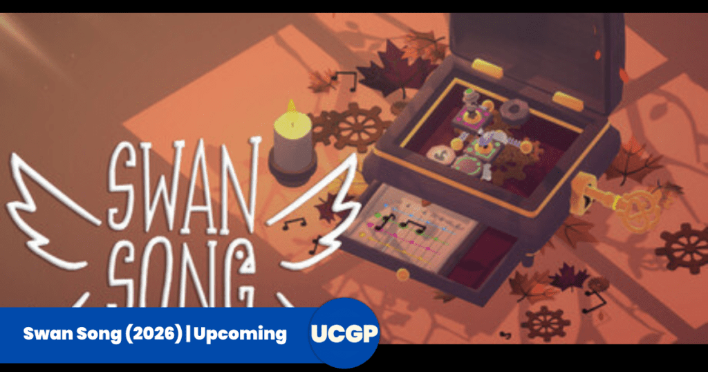 Official promotional header art for Swan Song on Upcoming Game Spot, featuring an intricate mechanical music box surrounded by autumn leaves, musical notes, and a lit candle, accented by an 'Upcoming UCGP' brand badge.
