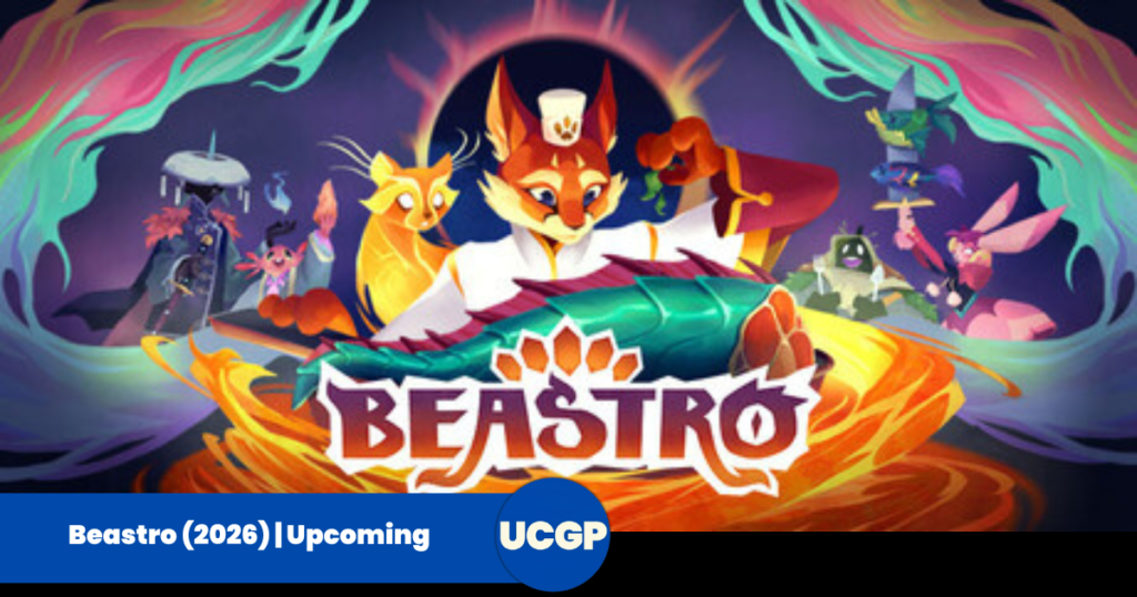 A vibrant and colorful promotional header graphic for the video game Beastro. At the center, an anthropomorphic orange fox chef wearing a white uniform and a tall white chef's hat delicately sprinkles green herbs onto a large, cooked teal fish platter lying before him. In the background, an ominous dark circular eclipse is surrounded by a fiery orange and yellow magical aura. On the left, stylized fantasy companion characters stand amidst wisps of pink and teal smoke, while on the right, other eccentric creatures look on, including a smiling green gelatinous character holding a fork and knife. The white game title "BEASTRO" is displayed prominently at the bottom center in a bold, stylized font.