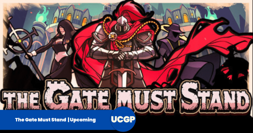 A dark fantasy, comic-style promotional header banner for the video game The Gate Must Stand. In the center foreground stands a powerful knight hero in full silver plate armor, resting both gauntlets on the hilt of a broadsword stuck into the ground. The knight wears a massive, flowing red cape and a matching red feathered helmet crest. To his left stands a dark sorceress in a black hooded gown holding a mystical staff, and to his right stands a mysterious hooded assassin figure in dark purple attire. In the background, stone fortress wall turrets and green magical flames are visible under a dim sky. Across the bottom center, the game's title "THE GATE MUST STAND" is written in a distressed, bold stone-textured font.