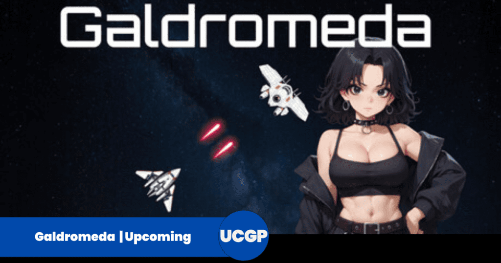 A sleek, anime-inspired 2D sci-fi tactical turn-based RPG promotional header banner for the video game Galdromeda. In the center foreground, a stylised starship captain in futuristic white and navy blue armor looks out confidently from a high-tech starship bridge. Behind them, a massive panoramic viewing window reveals a vibrant cosmic view of a distant neon-pink nebula and eight glittering star systems spread across deep space. Floating holographic UI data rings and crisp digital crew roster diagnostics border the layout. Across the bottom center, the game's title "GALDROMEDA" is crisply rendered in a vibrant, futuristic neon-blue geometric font.