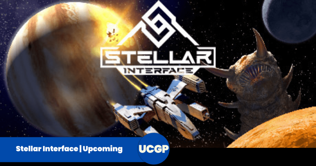 A promotional header graphic for the video game Stellar Interface set against a deep black space backdrop speckled with stars. In the upper left, a giant, detailed cream and brown gas giant planet is being impacted by a bright white explosion. At the center is the white, futuristic geometric logo for "STELLAR INTERFACE". Below the logo, a blue and white fighter spacecraft flies toward the viewer, emitting bright yellow thrust trails, while a massive, spiked alien space worm creature with a glowing, tooth-filled mouth looms out from behind an orange planetary surface on the right under a gray crescent moon.