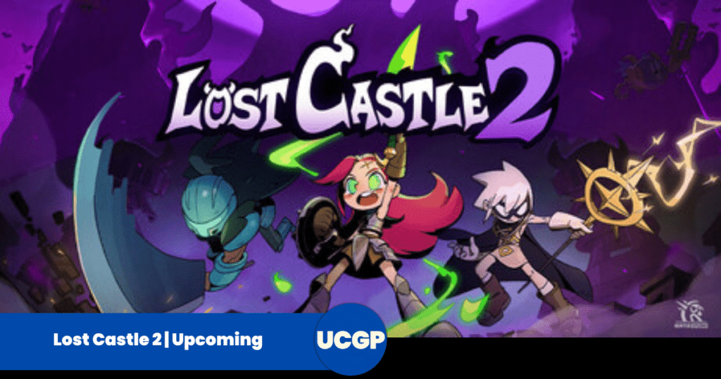 A colorful cartoon promotional header graphic for the video game Lost Castle 2. Set against a dark purple, shadowy background depicting a mystical forest or castle ruins, the white and purple text logo reads "LOST CASTLE 2". In the foreground, three stylized, expressive chibi-like hero characters charge forward into battle. The central character is a red-haired warrior girl shouting enthusiastically, clad in silver armor and holding a round shield and a glowing green sword aloft. To her left, a knight in full teal plate armor leaps forward with a massive scythe weapon. To her right, a rogue character with spiky white hair wearing an eye mask holds out a golden, star-tipped magic staff crackling with yellow lightning.