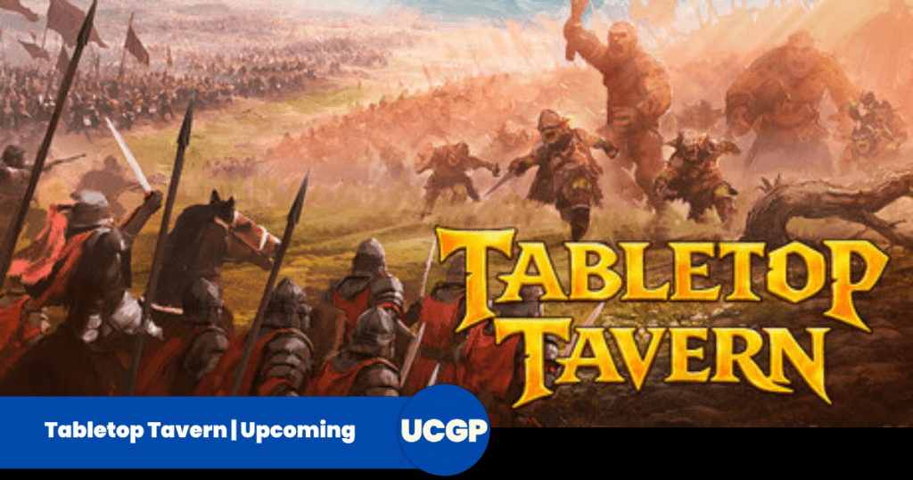 A sweeping, cinematic promotional graphic for the video game Tabletop Tavern. On a vast, rolling green battlefield under a hazy sky, a massive medieval army wearing iron helmets and red cloaks is seen from behind, holding spears and swords aloft as a mounted cavalry officer on a brown horse commands them forward. Clashing against them from the right is a horde of monstrous fantasy enemies, led by armored orcs and a colossal, roaring brown giant raising its fist. On the bottom right, the game's title "TABLETOP TAVERN" is boldly rendered in a stylized, golden wooden-textured font with a sharp medieval design.