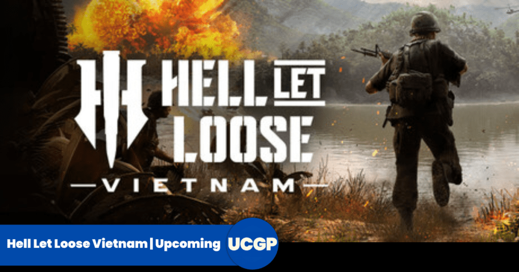 An intense, realistic cinematic promotional header graphic for the video game Hell Let Loose: Vietnam. In the right foreground, an American infantry soldier seen from behind wearing an authentic olive-drab uniform, combat gear, and a military helmet runs toward a murky riverbank while holding an M16 rifle. Across the river, thick green jungles stretch beneath a hazy, overcast sky. In the upper left background, a massive, bright orange and yellow explosion erupts violently amidst a cluster of palm trees. Placed boldly over the center-left is the stacked white game logo "HELL LET LOOSE — VIETNAM —" featuring its signature three-pronged bullet insignia.