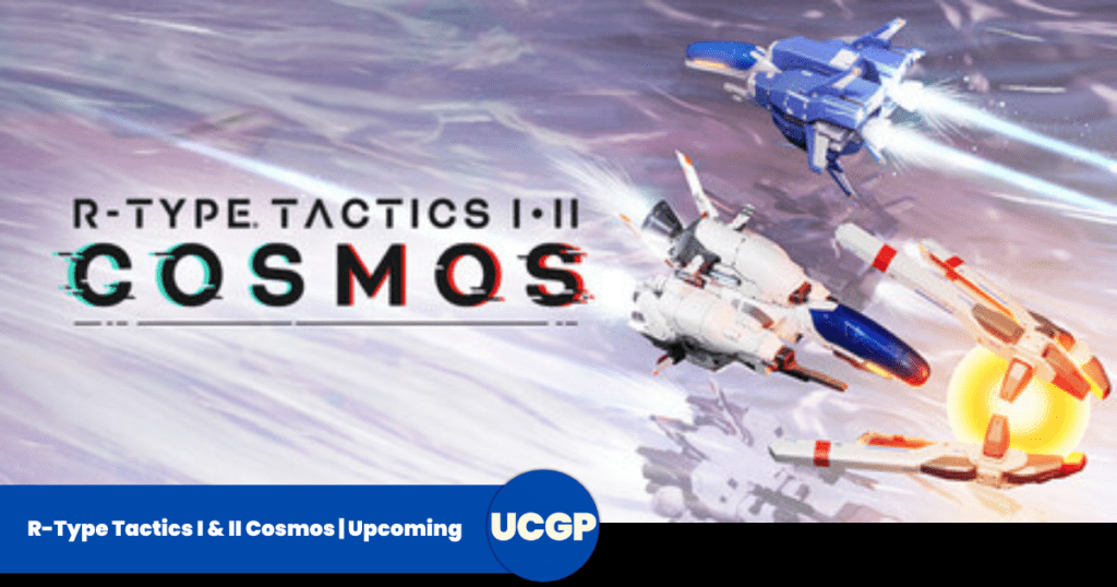 A sleek sci-fi promotional banner for the video game R-Type Tactics I & II Cosmos. Set against a stylized, flowing background of light violet and white energy streaks, three futuristic combat spacecraft zoom across the frame. In the upper right, a blue and white fighter jets forward with twin bright engine trails. In the center, a larger white ship with a blue canopy accelerates forward, flanked by a smaller white and red escort ship firing a bright yellow energy orb on the right. On the left side, the text "R-TYPE TACTICS I • II COSMOS" is displayed prominently in a stylized black font with a digital chromatic aberration glitch effect on the word "COSMOS".