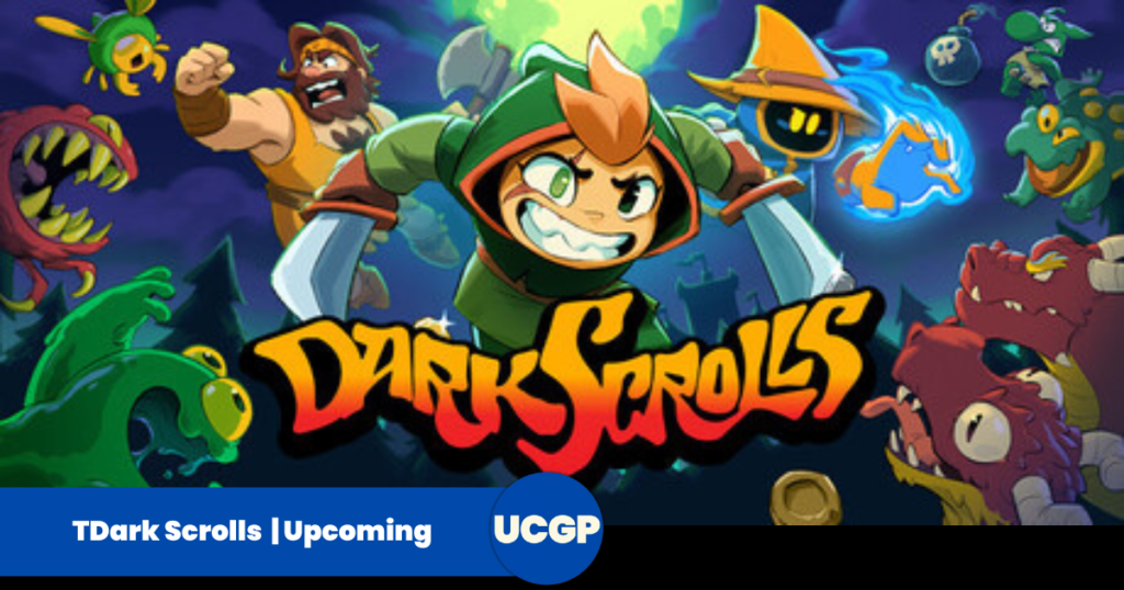 A dark, atmospheric fantasy promotional banner for the indie video game Dark Scrolls. In the center foreground, a powerful warrior clad in glowing, ornate blue medieval plate armor holds a massive broadsword, standing defensively. To the right, a mysterious rogue or mage in a dark purple hood and cloak stands poised with a glowing magical dagger. The background features the crumbling, ancient stone arches of a gothic dungeon lit by faint blue spectral flames. Across the bottom center, the game's title "DARK SCROLLS" is rendered in a distressed, sharp stone font with a subtle blue neon drop shadow.