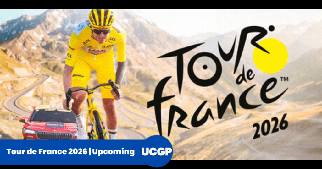 Official promotional banner for the Tour de France 2026 game on Upcoming Game Spot, showing a professional cyclist in the iconic yellow jersey climbing a mountain pass with a team car behind him, alongside the official race logo and an 'Upcoming UCGP' brand seal.