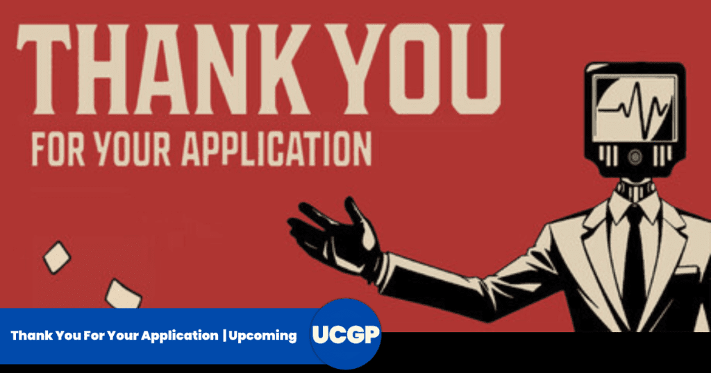 A retro, minimalist dystopian promotional banner for the indie video game Thank You For Your Application. Set against a solid crimson red background, a corporate figure stands on the right wearing a sharp cream-colored business suit, white shirt, black tie, and black gloves. The figure's head is a retro black CRT television monitor displaying a glowing white jagged heartbeat or pulse line on the screen. The character's right hand is raised slightly open in a welcoming yet eerie gesture, while a couple of small white sheets of paper float loosely on the far left. In the upper left corner, the text "THANK YOU FOR YOUR APPLICATION" is written in a bold, vintage off-white block font.