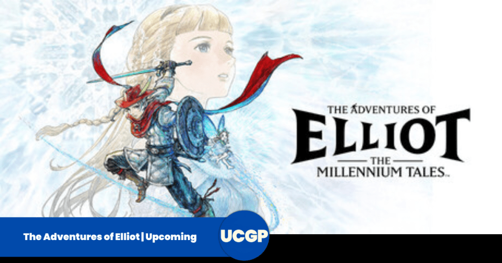 A beautiful and vibrant HD-2D anime-style promotional key art banner for the video game The Adventures of Elliot: The Millennium Tales. On the left foreground, the main hero Elliot—a young male adventurer sporting silver hair, a red brimmed hat, a flowing red scarf, and metallic armor—leaps dynamically into action while brandishing a glowing teal sword and holding up a round blue steel shield. Hovering right beside his shoulder is Faie, a tiny, glowing translucent blue fairy companion. Faded into the soft, crystalline white background is a large, gentle watercolor portrait of the blonde Princess Heuria looking thoughtfully into the distance. The right side of the image features the bold black game logo reading "THE ADVENTURES OF ELLIOT — THE — MILLENNIUM TALES".
