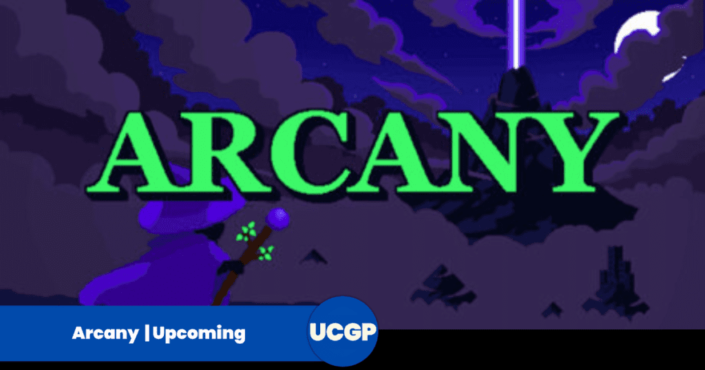A clean, retro-style 2D pixel-art MMORPG promotional header banner for Arcany. In the center foreground, a small, stylized pixel-art adventurer wearing a blue cloak and holding a glowing magical staff stands facing a mysterious, shimmering violet portal. The portal marks the entrance to the Arcane dimension, surrounded by lush green trees and rocky cliffs under a clear blue sky in the realm of Gravenmoor. Across the bottom center, the game's title "ARCANY" is clearly displayed in a blocky, stylized 8-bit retro font with a subtle silver shadow outline.