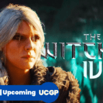 Editorial feature banner presenting the game logo for "The Witcher 4" in metallic silver lettering against a dark, stormy night backdrop with stylized lightning strikes illuminating the frame, set alongside the Game Launch Hub branding and "Witcher 4: Everything We Know" headline text.