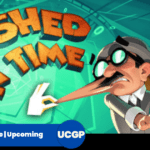 A stylized cartoon promotional graphic for the video game Crushed In Time. In the background, a teal clock gear interface spins behind the text "CRUSHED IN TIME" written in large, playful wooden-textured letters. In the foreground, a caricatured character resembling a vintage cartoon inspector with thick-rimmed glasses, a trench coat, and an exaggeratedly long nose is being pinched by a stylized white hand cursor. To his right stands a companion character wearing a brown deerstalker hat and coat with a large blonde mustache, looking on with wide eyes.