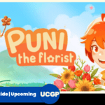 Colorful hand-drawn title art for Puni the Florist on Upcoming Game Spot, featuring a bright orange-haired anime girl holding a colorful flower bouquet next to a small yellow fairy holding a blossom, with a circular 'Upcoming UCGP' badge at the bottom.