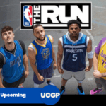 An ultimate low-angle shot of six featured NBA stars standing on an outdoor street basketball court beneath a prominent overhead "The Run" and NBA logo. Featured players include Giannis Antetokounmpo in a green Milwaukee Bucks jersey, Luka Dončić in a blue Dallas Mavericks jersey, Stephen Curry in a blue Golden State Warriors jersey, Anthony Edwards in a blue Minnesota Timberwolves jersey, Austin Reaves in a purple and yellow Los Angeles Lakers hoodie, and LaMelo Ball in a teal Charlotte Hornets jersey.