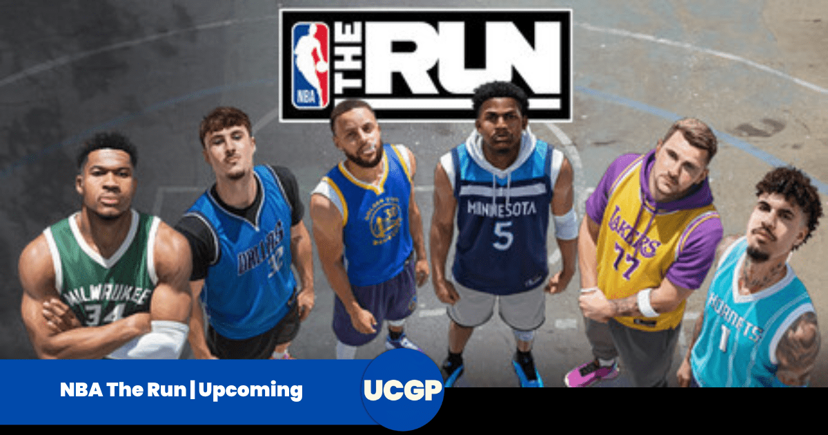 An ultimate low-angle shot of six featured NBA stars standing on an outdoor street basketball court beneath a prominent overhead "The Run" and NBA logo. Featured players include Giannis Antetokounmpo in a green Milwaukee Bucks jersey, Luka Dončić in a blue Dallas Mavericks jersey, Stephen Curry in a blue Golden State Warriors jersey, Anthony Edwards in a blue Minnesota Timberwolves jersey, Austin Reaves in a purple and yellow Los Angeles Lakers hoodie, and LaMelo Ball in a teal Charlotte Hornets jersey.