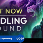 A promotional banner for the video game Voidling Bound featuring a bold title text display. On the right side, a cosmic warrior wearing a futuristic sci-fi helmet illuminated by a bright neon green visor stands in front of four distinct, brightly colored, avian and reptilian alien creature heads in shades of purple and pink. The top-left corner bears the text "OUT NOW" in a clean yellow font against a deep purple space background with a crescent moon.