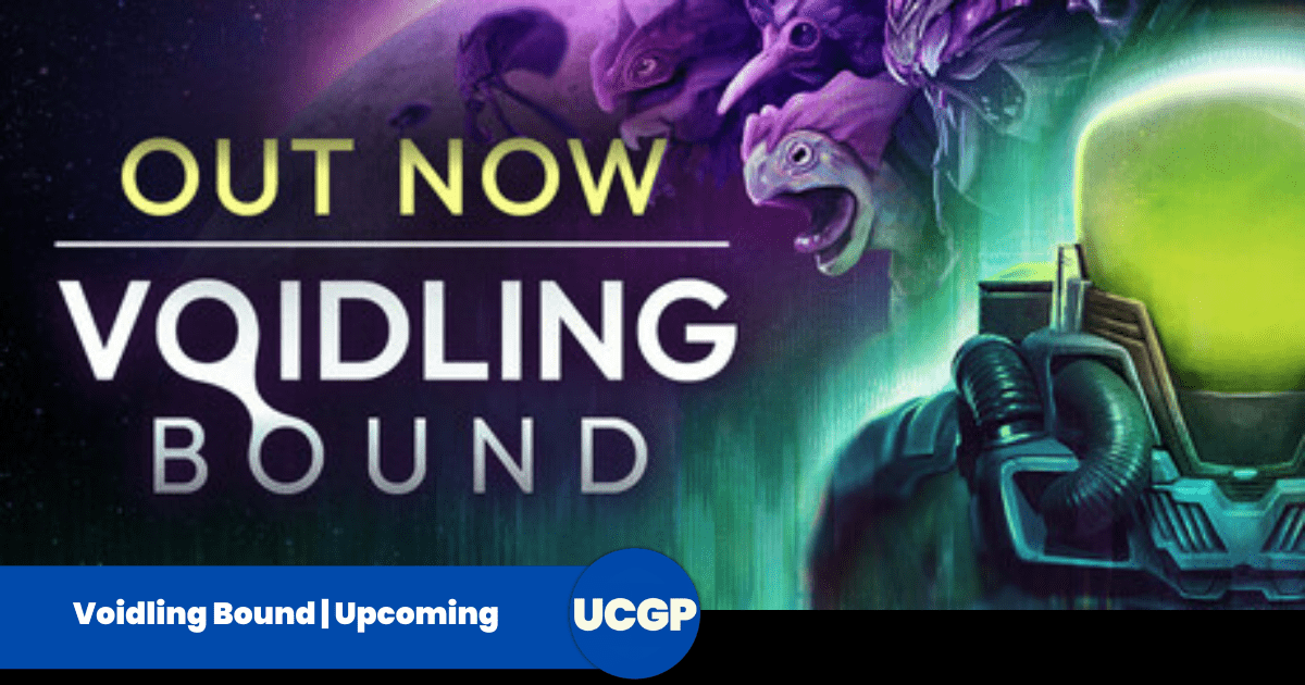 A promotional banner for the video game Voidling Bound featuring a bold title text display. On the right side, a cosmic warrior wearing a futuristic sci-fi helmet illuminated by a bright neon green visor stands in front of four distinct, brightly colored, avian and reptilian alien creature heads in shades of purple and pink. The top-left corner bears the text "OUT NOW" in a clean yellow font against a deep purple space background with a crescent moon.