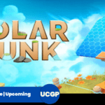 Eco-futuristic promotional banner for Solarpunk on Upcoming Game Spot, featuring the stylized game logo next to a large blue solar panel on a grassy floating island under a clear sky, with an 'Upcoming UCGP' brand token at the bottom.