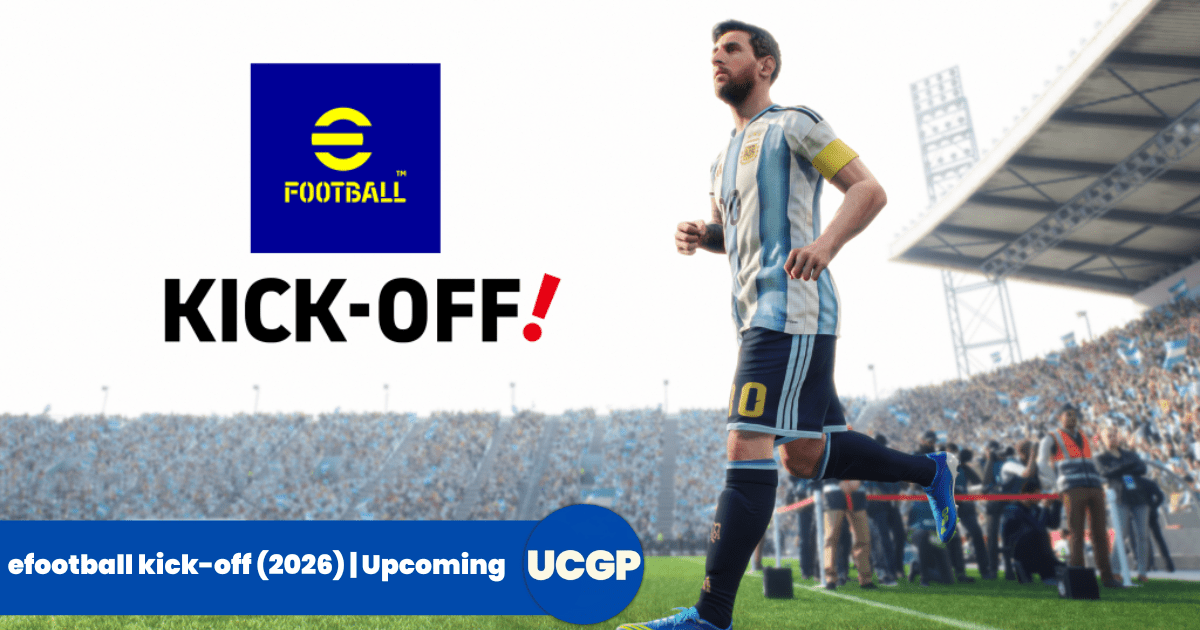 Official eFootball Kick-Off promotional game banner on Upcoming Game Spot, featuring superstar Lionel Messi running on the pitch in an Argentina kit inside a crowded stadium next to the eFootball Kick-Off logo.